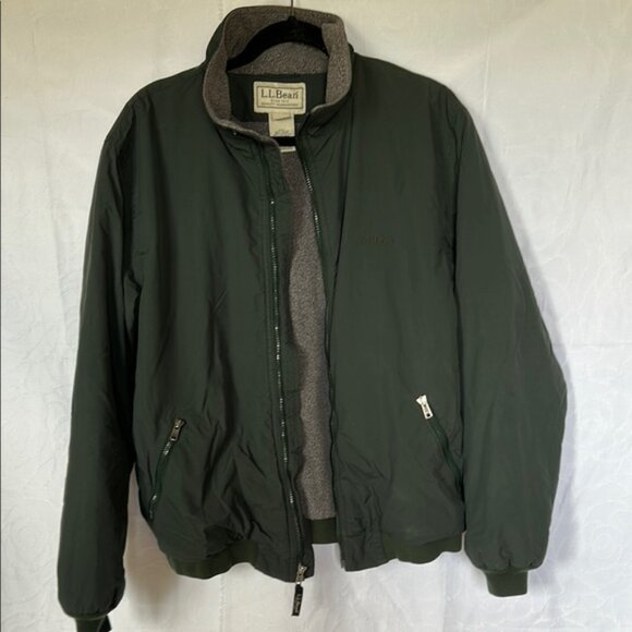 LL BEAN vintage dark hunter green fleece lined zipper front jacket Size L Reg - Picture 2 of 13